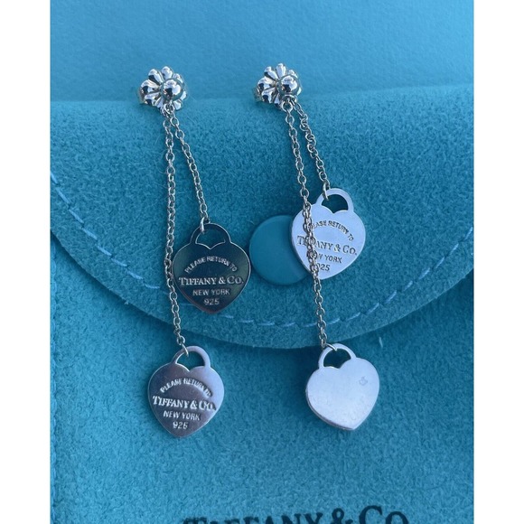 RARE Return Tiffany & Co. Silver 10mm Double Heart Dangle Drop Stud Earrings 925 - Picture 5 of 16